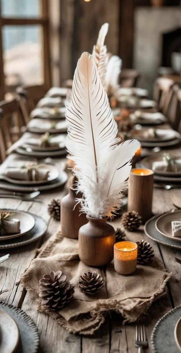A rustic dining table set with plates and cutlery, decorated with pinecones, candles, and large white feathers in wooden vases, with string lights and a window in the background.