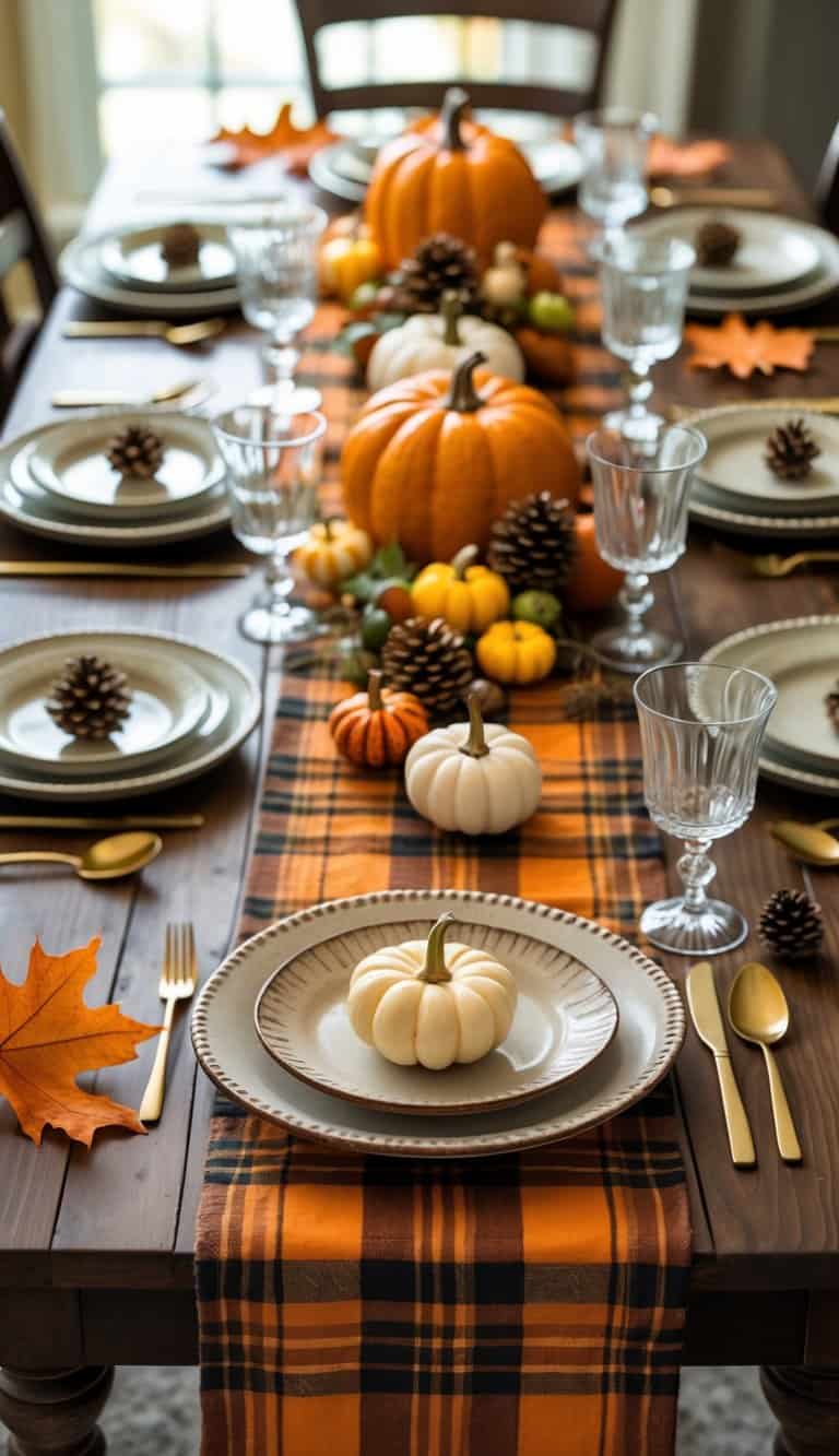 A Friendsgiving table set with a plaid autumn-colored table runner, decorated with pumpkins, pinecones, and autumn leaves.