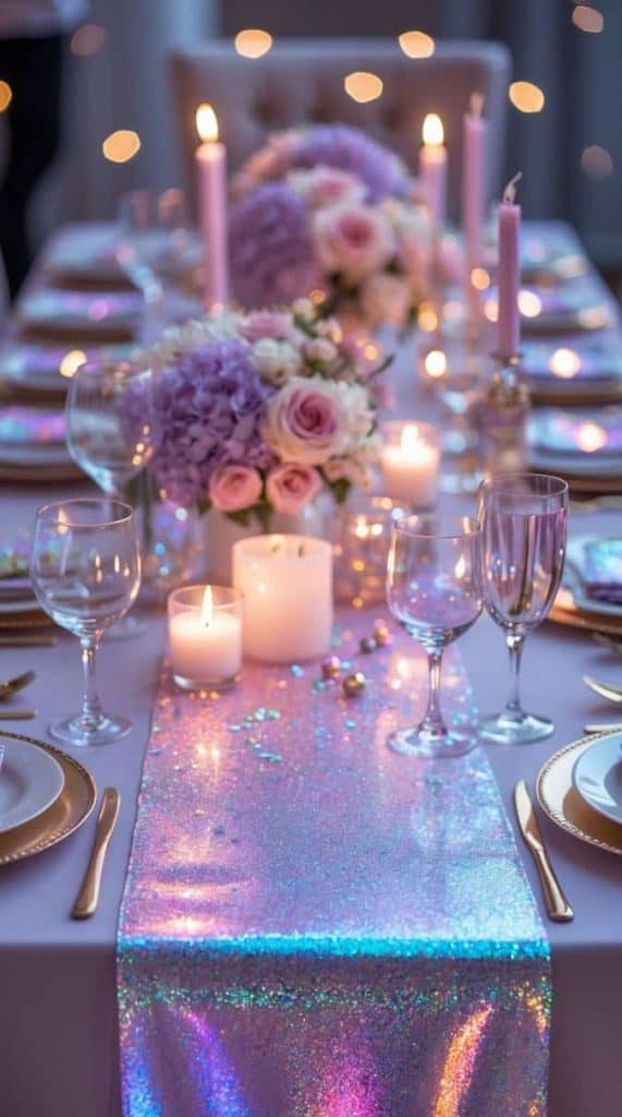 A formal dining table set with pastel florals, lit candles, glassware, gold cutlery, and a shimmering iridescent table runner.