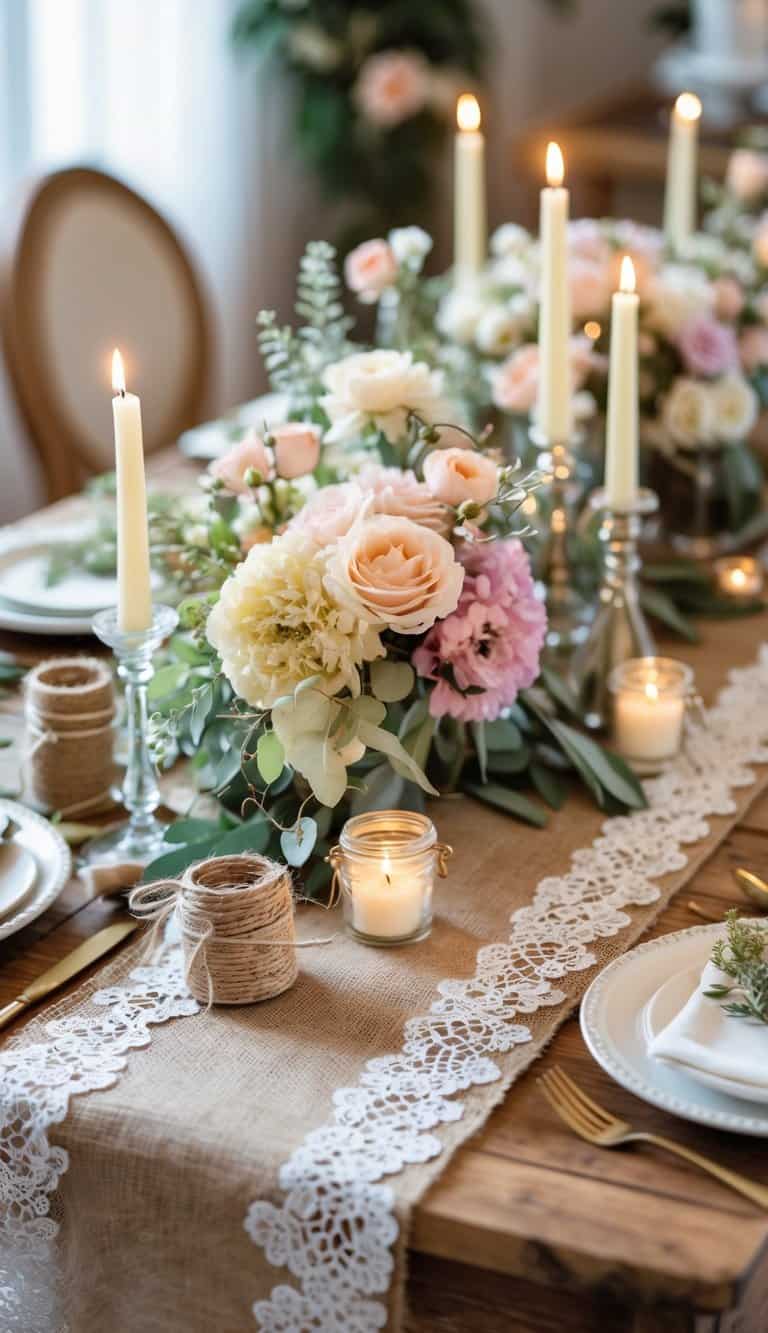 A decorated table with a lace and burlap runner, floral centerpieces, candles, and rustic tableware set for a celebration.
