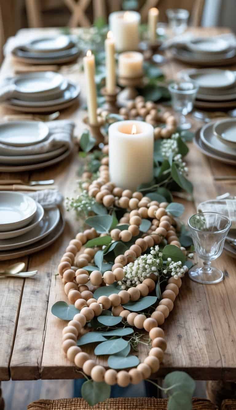A rustic wooden dining table decorated with wooden bead garlands, greenery, candles, and simple tableware.