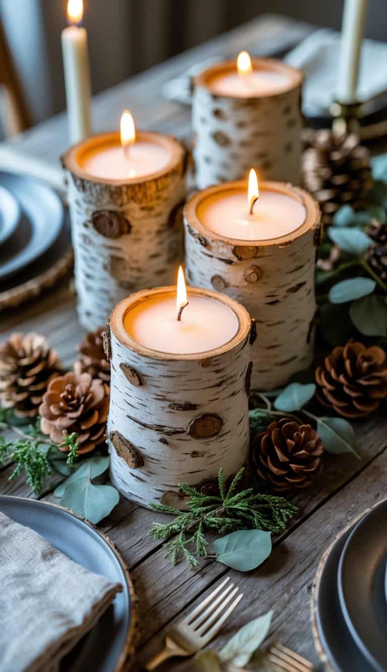 A wooden table set with birch bark candle holders holding lit candles, surrounded by pine cones, greenery, and tableware.