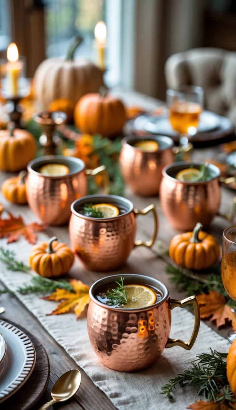 Copper mugs filled with cocktails arranged on a wooden table decorated with pumpkins, fall leaves, and candles for a Friendsgiving gathering.
