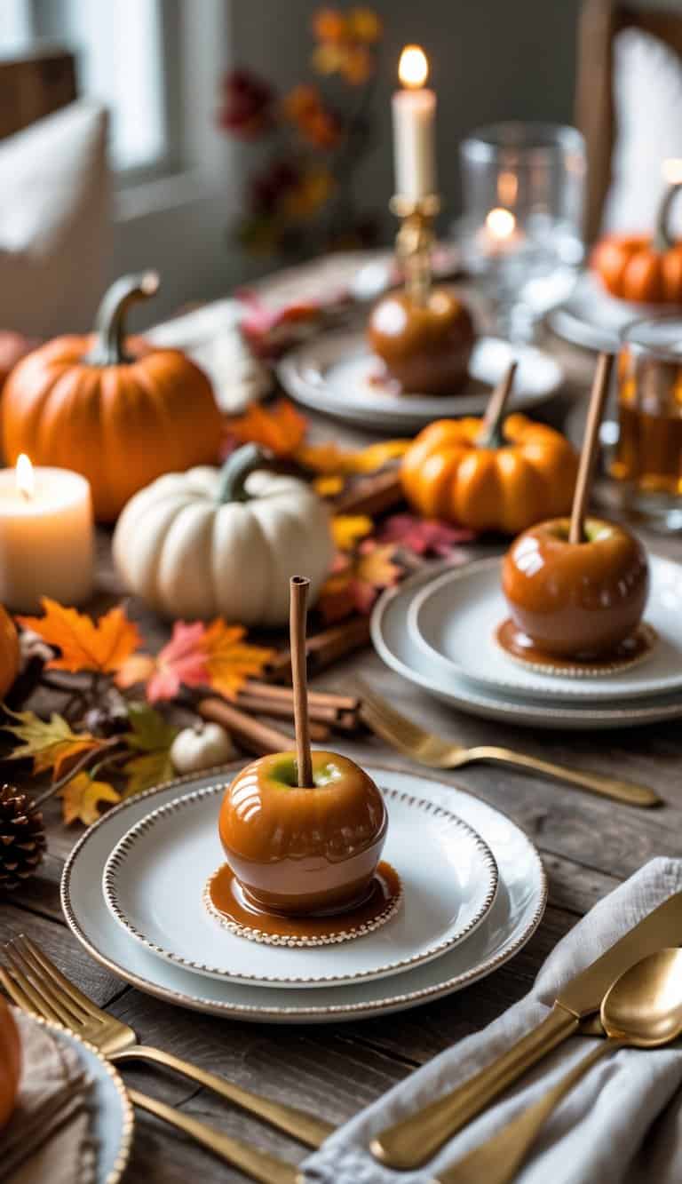 Mini caramel apples on dessert plates arranged on a decorated Friendsgiving table with autumn leaves and candles.