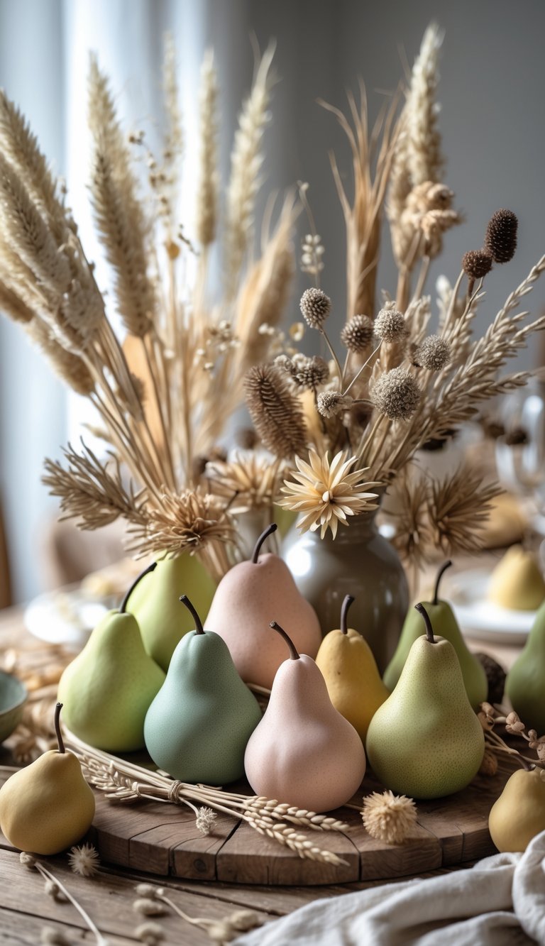 A table decorated with faux pears and dried floral stems arranged as a centerpiece.