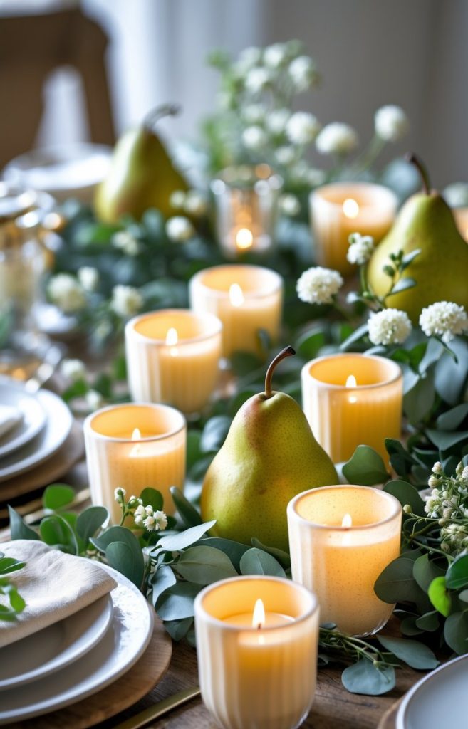 A wooden dining table decorated with lit candles, fresh pears, green foliage, and white flowers, alongside neatly arranged plates and gold cutlery.