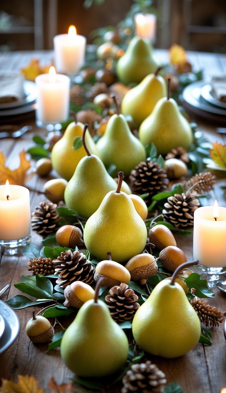 A table centerpiece with green and yellow pears mixed with acorns and small branches on a wooden table, surrounded by candles.