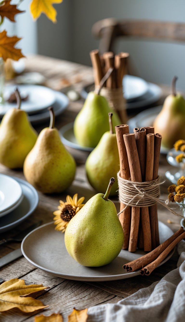 A rustic wooden table with fresh pears and bundles of cinnamon sticks arranged alongside autumn leaves and linen napkins.