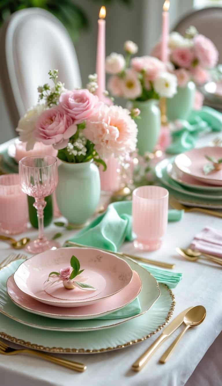 A table set for a celebration with pastel pink and mint green decorations, flowers, candles, and elegant tableware.