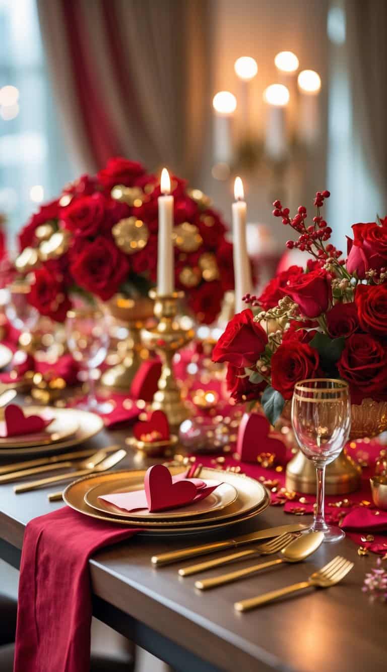 A festive table set with red and gold decorations, including flowers, candles, plates, and napkins arranged for a celebration.