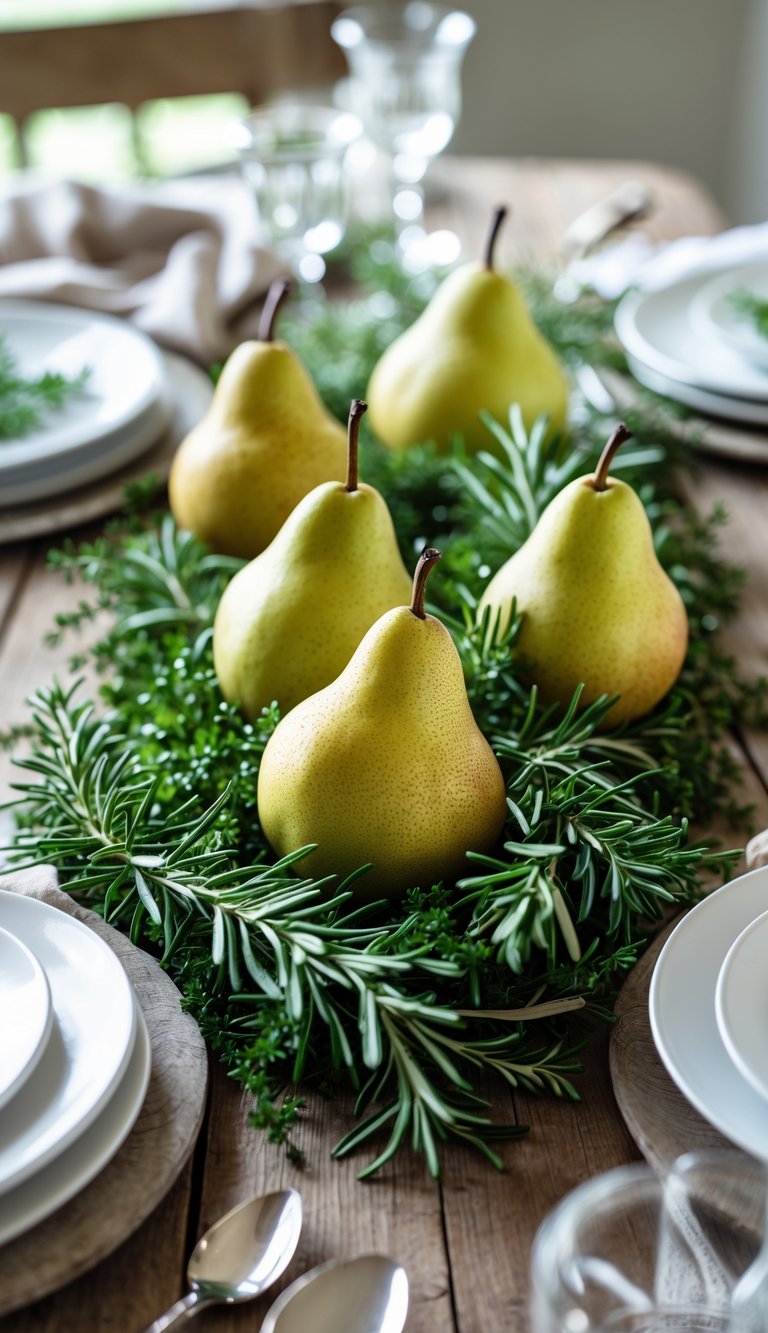 A table with a centerpiece of fresh pears and rosemary sprigs arranged on a wooden surface.