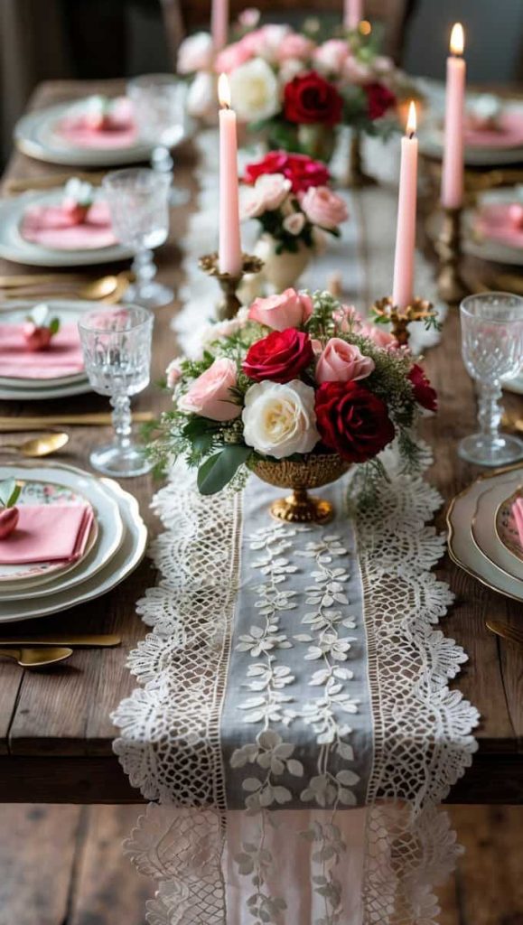 A wooden dining table set with pink and white floral centerpieces, pink candles, lace table runner, gold cutlery, glassware, and plates with pink napkins.
