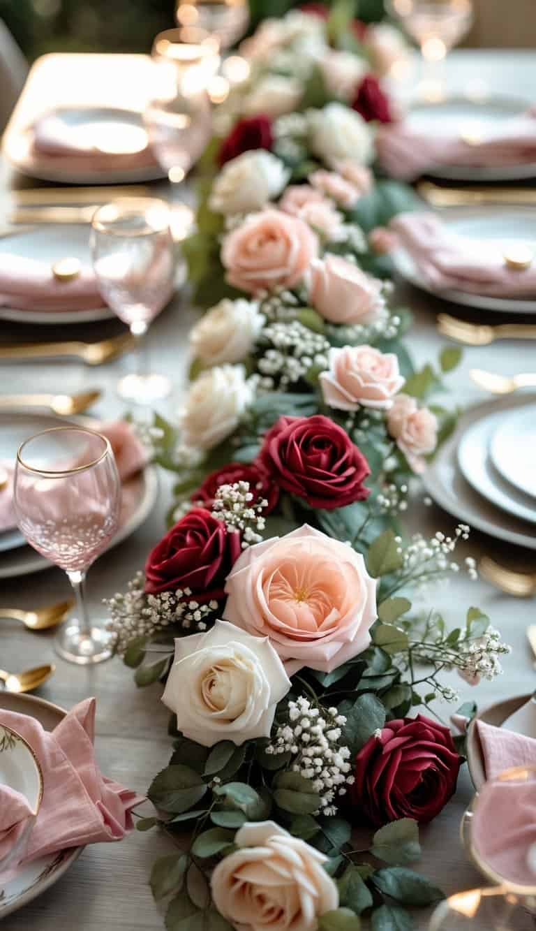 A table set with a floral faux rose garland centerpiece surrounded by plates, glassware, and rose gold cutlery, ready for a celebration.