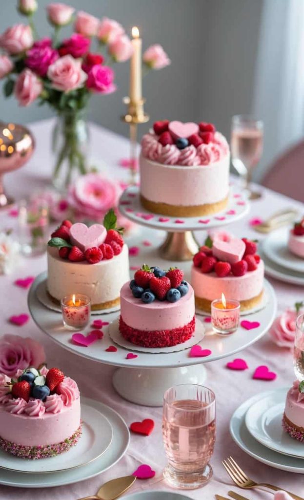 A table is set with assorted pink and white cakes decorated with berries and hearts, surrounded by candles, pink roses, and glassware.