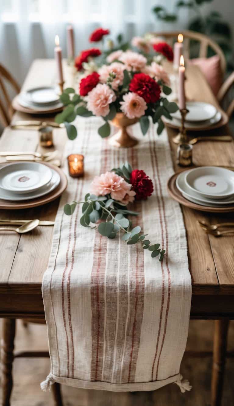 A cozy table set with a rustic grain sack runner, floral arrangements, candles, and tableware for a Galentine's Day celebration.