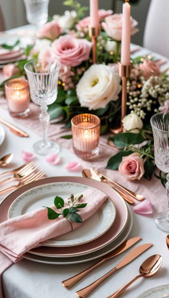 Elegant table setting with pink and white flowers, gold cutlery, crystal glasses, pink candles, and neatly folded pink napkins on white plates.