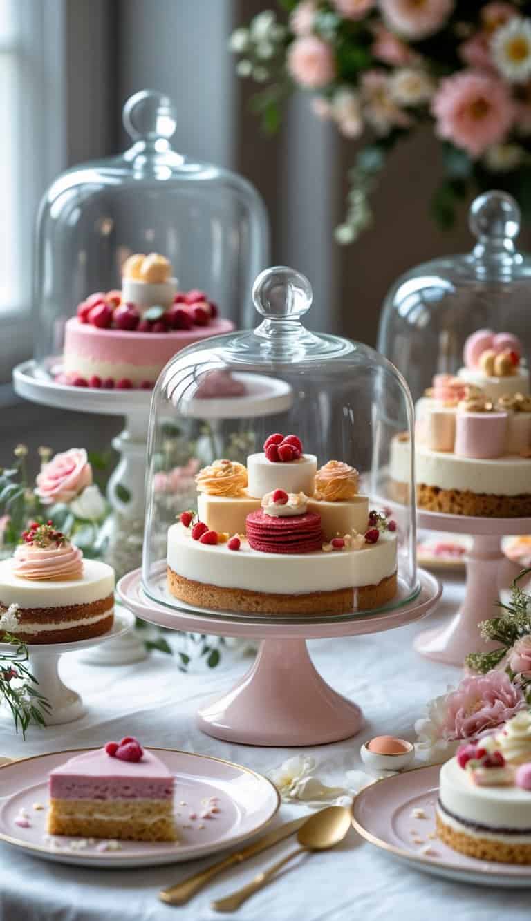 A table with glass cloches covering various desserts arranged among floral decorations.