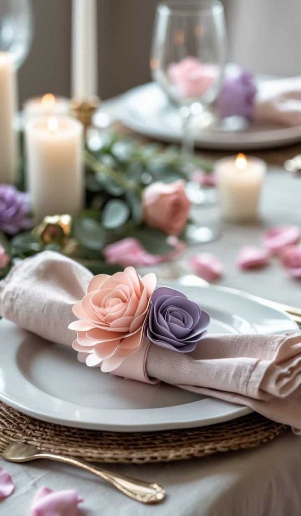 A neatly set dining table with white plates, woven placemats, pink and purple flower napkin rings, lit candles, and scattered rose petals.