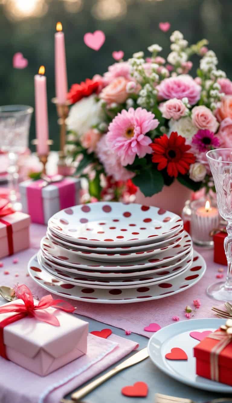 A decorated table set outdoors with polka dot ceramic plates, flowers, candles, and festive decorations for a celebration.