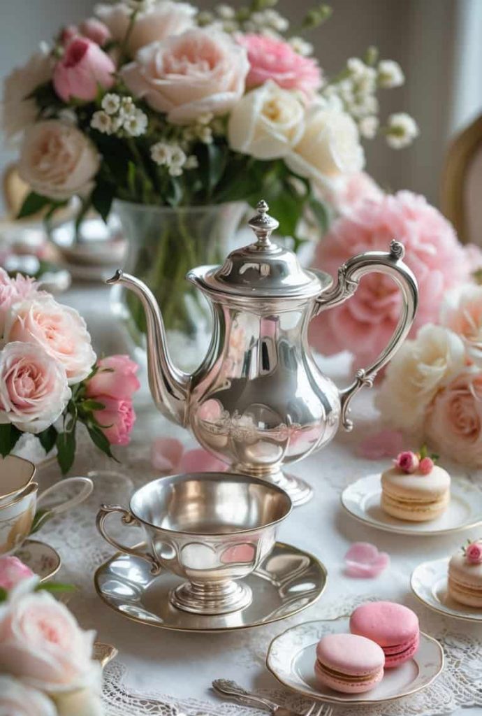 A silver teapot and teacup set on a lace tablecloth, surrounded by pink and white flowers, with plates of macarons and silver cutlery arranged neatly.