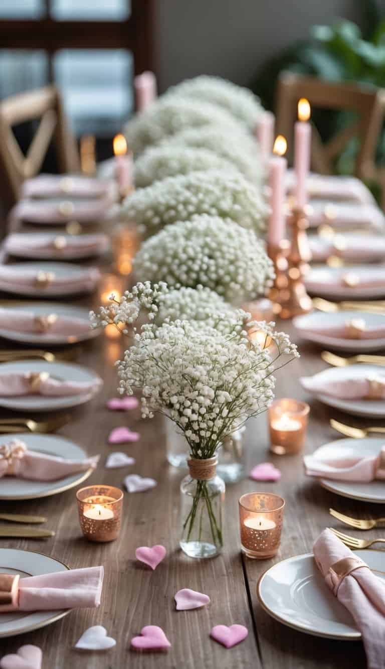 A long wooden table set with miniature bouquets of white baby's breath flowers in glass vases, surrounded by pastel plates, gold cutlery, pink napkins, candles, and rose petals.