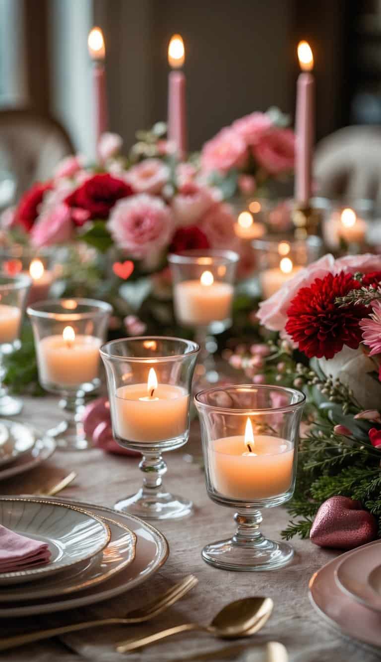 A table set with glowing glass votive candles, pink and red flowers, and elegant dinnerware arranged for a festive celebration.