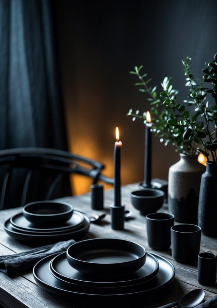 A dark wooden dining table set with black plates, bowls, cups, cutlery, and napkins, decorated with candles and a ceramic vase with green foliage.