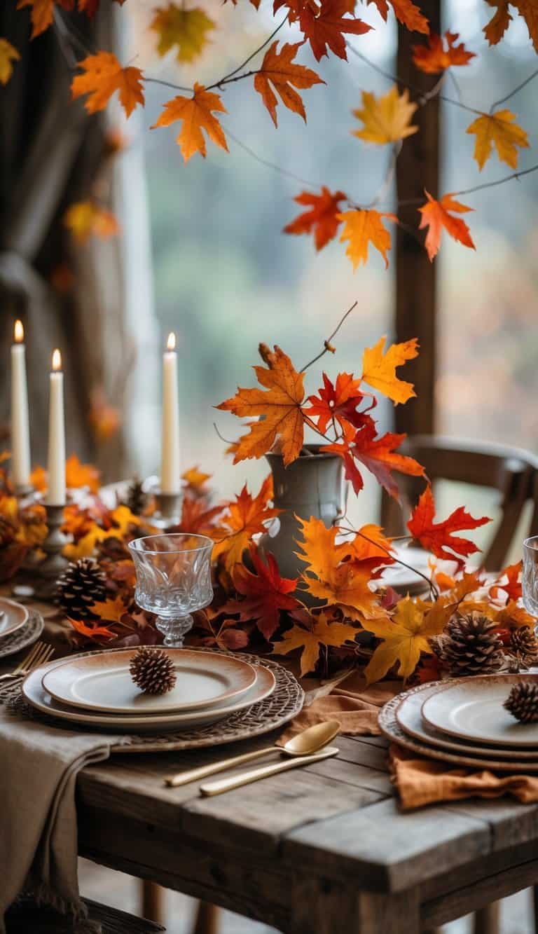 A rustic wooden table decorated with an autumn leaf garland, candles, plates, and natural fall accents.