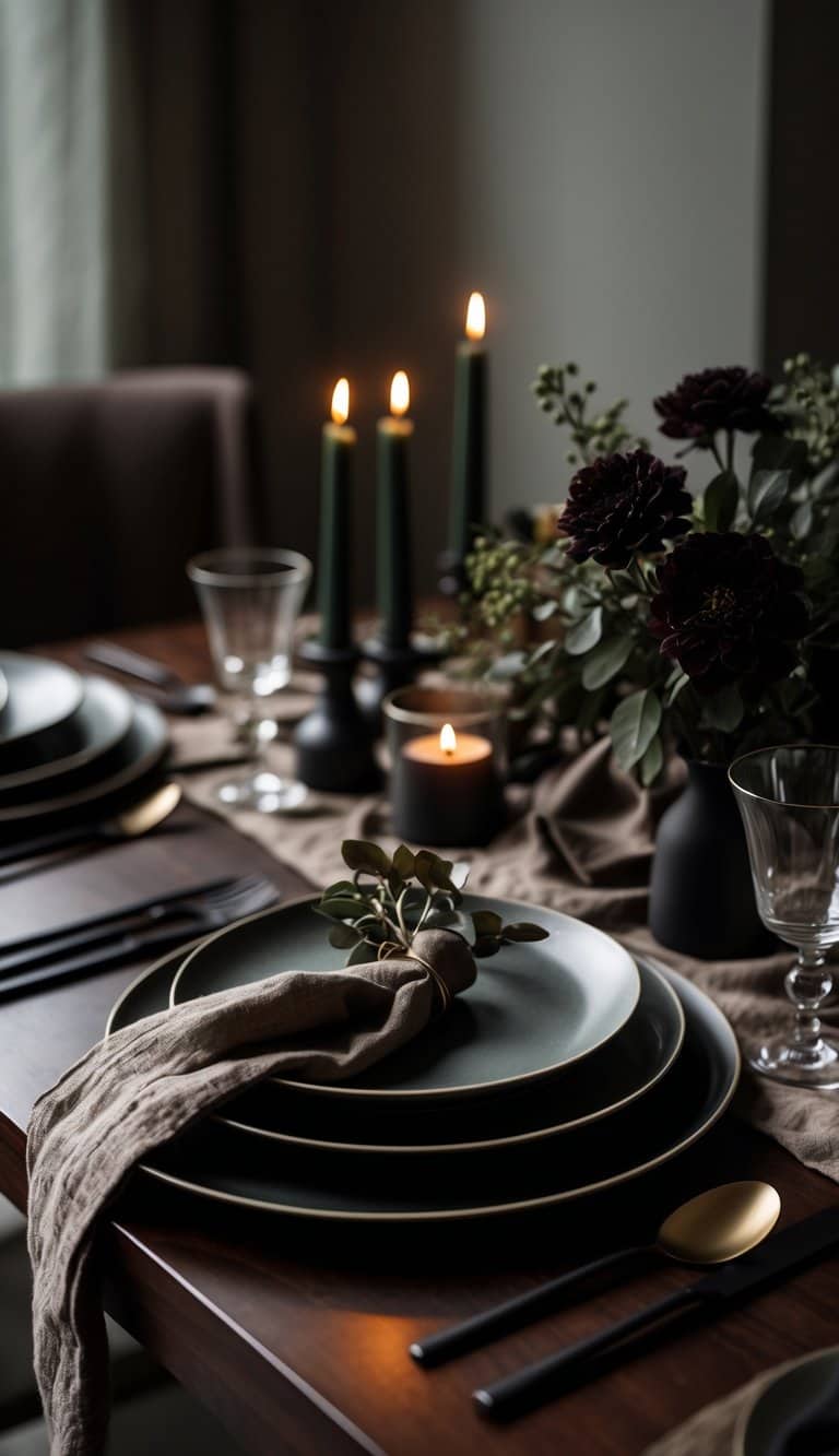A dark cherry wood table set with plates, cutlery, linen napkins, candles, and floral arrangements in a moody, intimate setting.