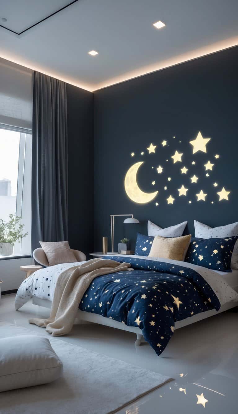 A bright, clean bedroom with a bed, bedside table, and glow-in-the-dark star and moon stickers on dark walls.