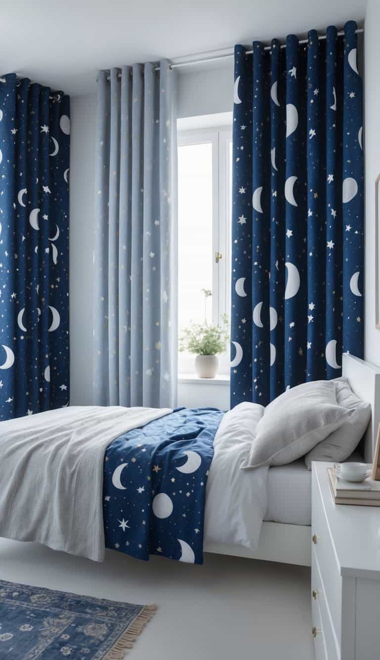 A bright bedroom with moon and star patterned curtains, a neatly made bed, and minimalist furniture in a clean and spacious layout.