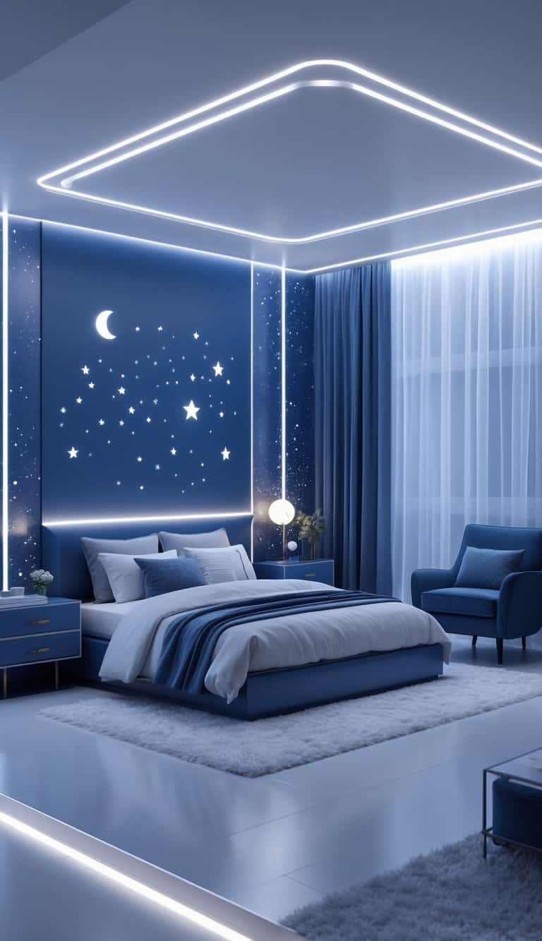 A bright and clean bedroom with LED strip lights glowing softly, featuring a bed, nightstand, and chair arranged neatly in the room.