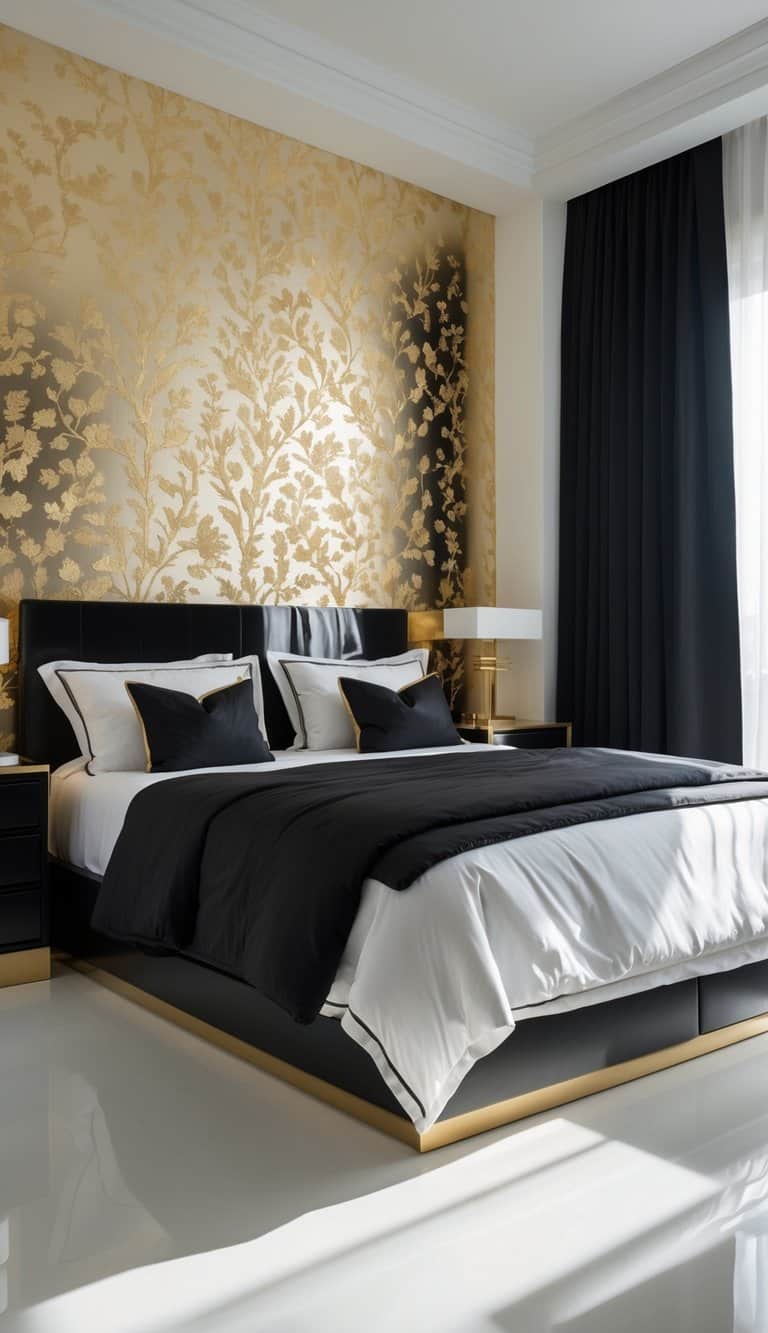 A bright bedroom with a gold accent wall, a neatly made bed, bedside tables, and well-arranged furniture in black and gold tones.