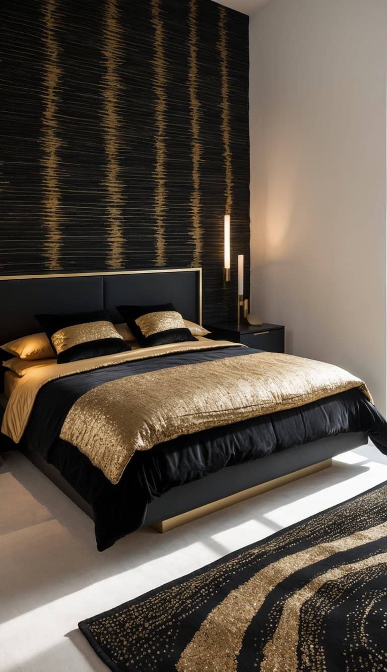 A bright and clean bedroom with a black rug featuring gold threads, a black bed with gold accents, bedside tables, and neatly arranged furnishings.