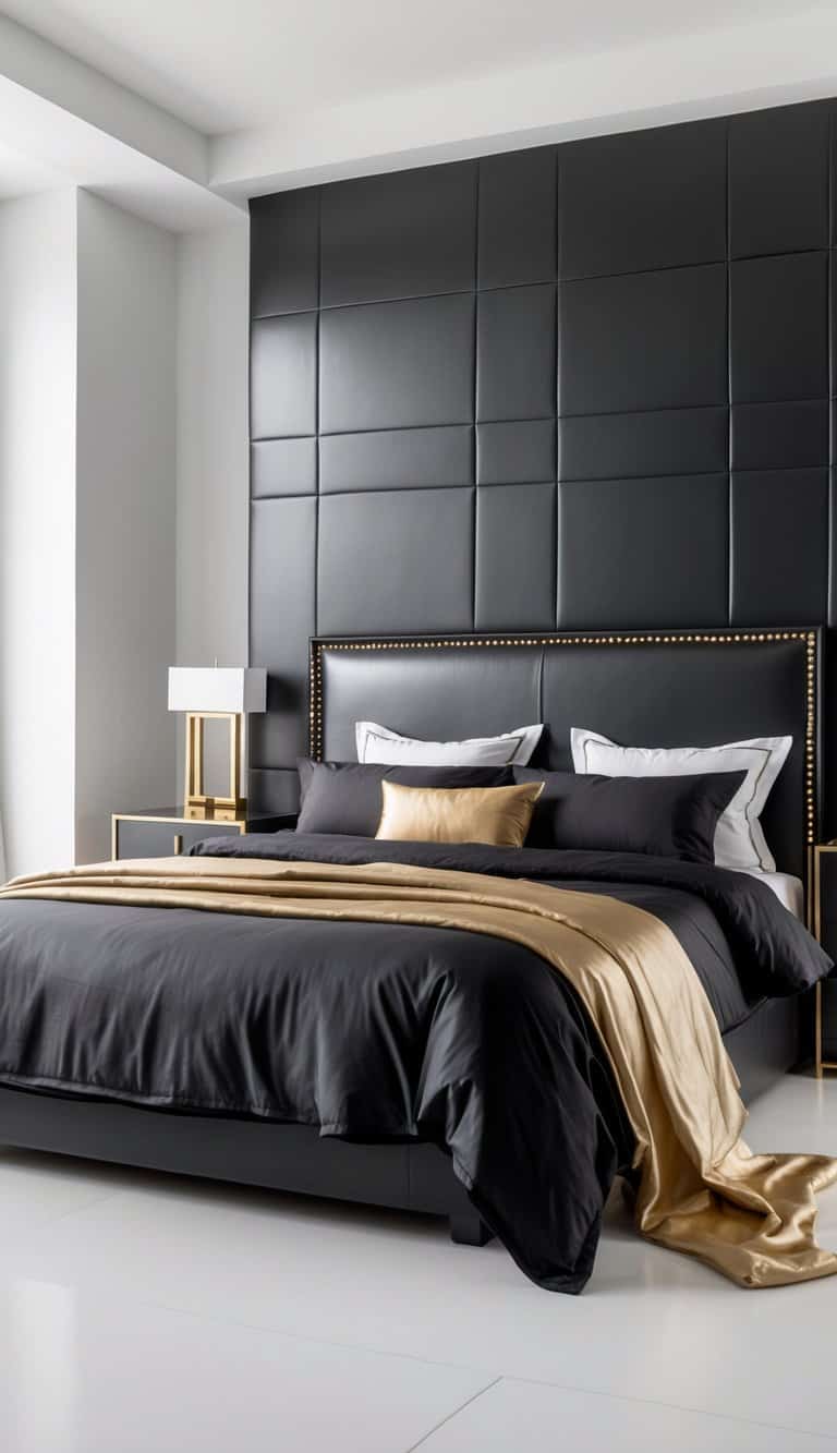 A bright and clean bedroom with a black leather headboard featuring gold studs, a neatly made bed, bedside tables with lamps, and an uncluttered layout.