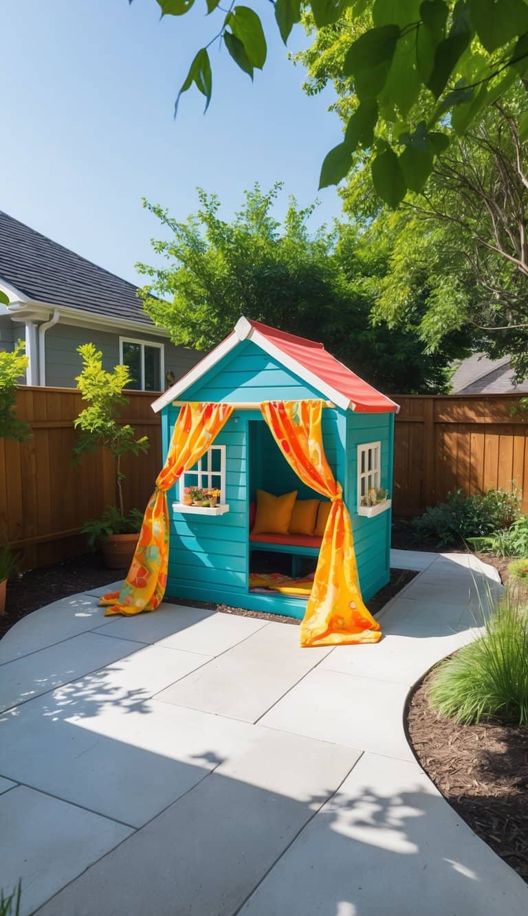 A backyard with a children's playhouse featuring a bright fabric canopy over the doorway, surrounded by plants and sunlight.