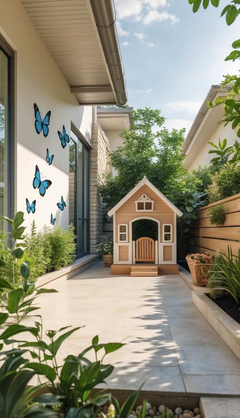 A backyard patio with a children's playhouse decorated with butterfly decals on the exterior walls, surrounded by plants and bright natural light.