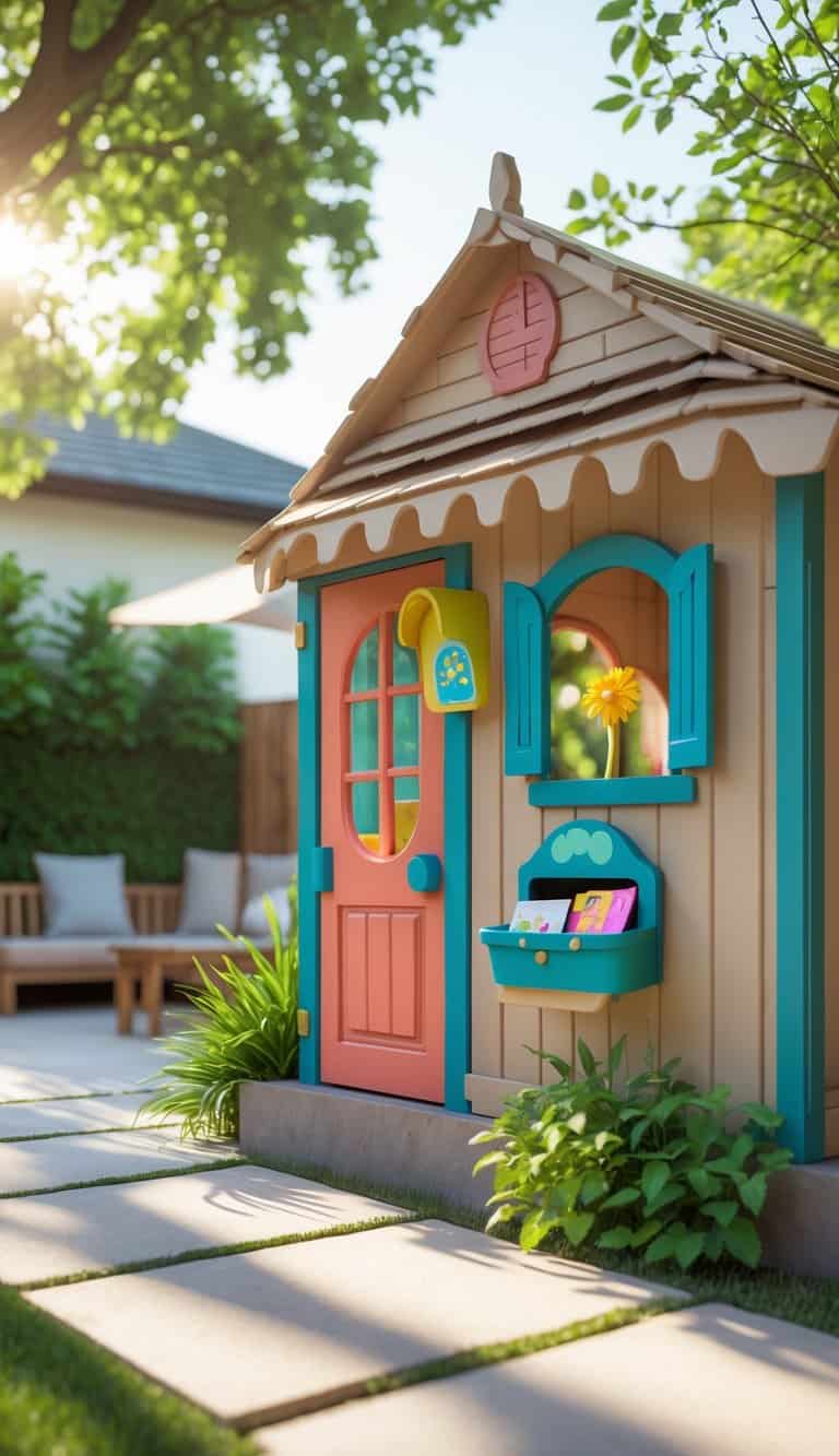 A backyard with a children's playhouse decorated with a pretend mailbox containing letters, surrounded by patio furniture and greenery under bright sunlight.