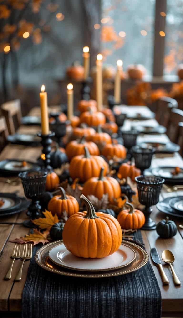 A Halloween dining table decorated with mini pumpkins as place settings, surrounded by autumn leaves, candles, and rustic tableware.