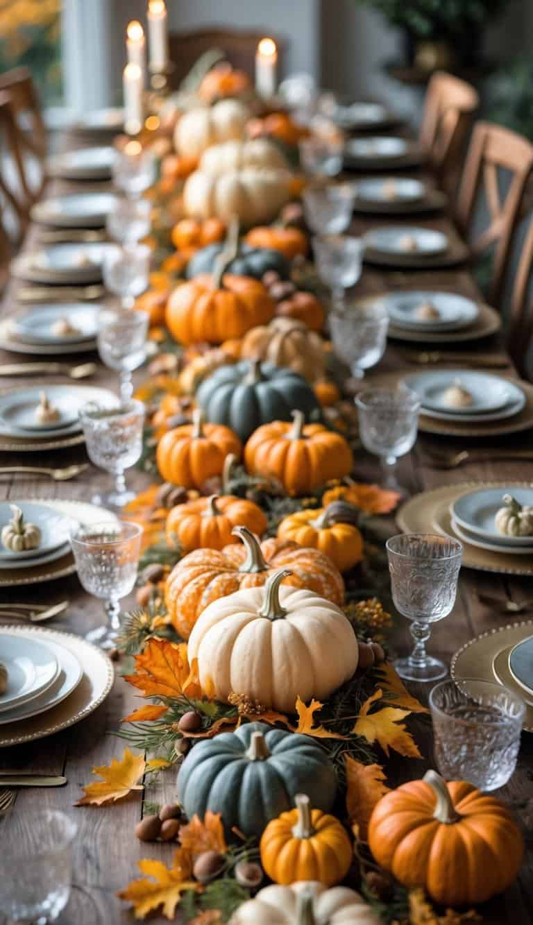 A table decorated with a garland of pumpkins, autumn leaves, and greenery along the edge, set for a fall gathering.