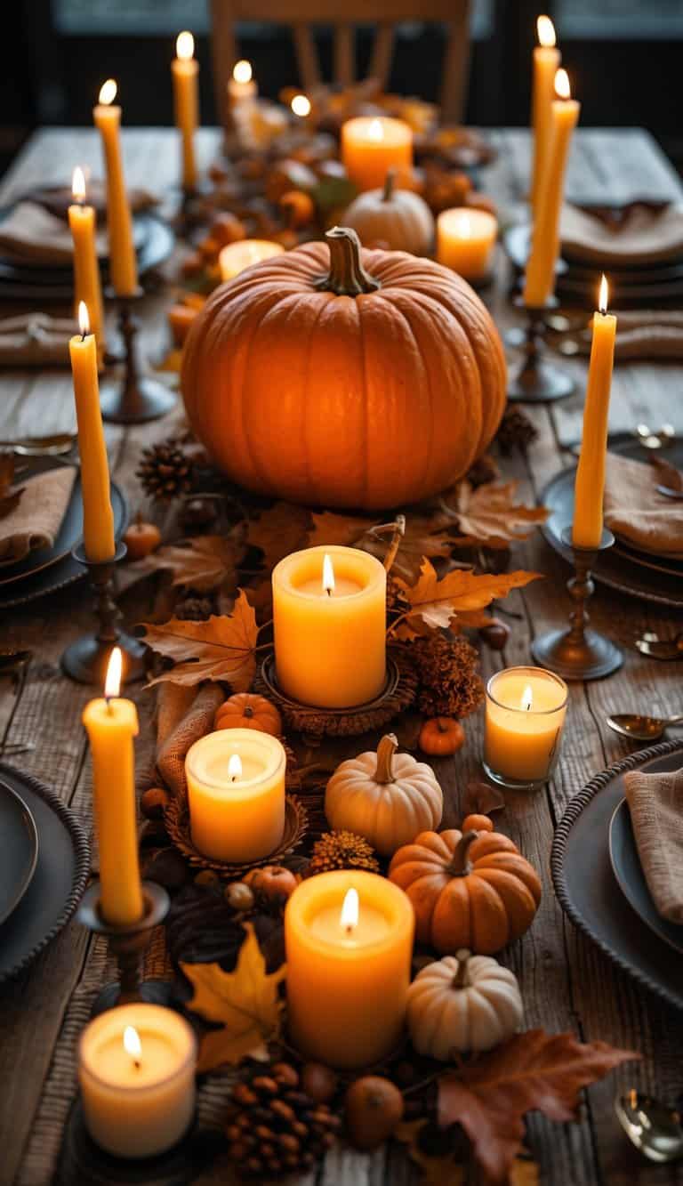 A large pumpkin centered on a wooden table surrounded by lit candles and autumn decorations.