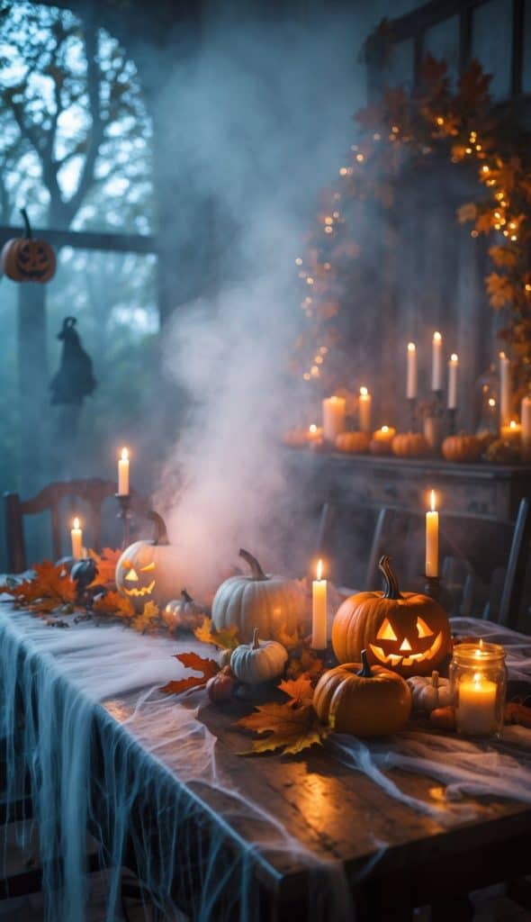 A wooden table decorated with pumpkins, jack-o’-lanterns, candles, autumn leaves, and fake cobwebs, with smoke rising and soft lighting creating a spooky Halloween atmosphere.
