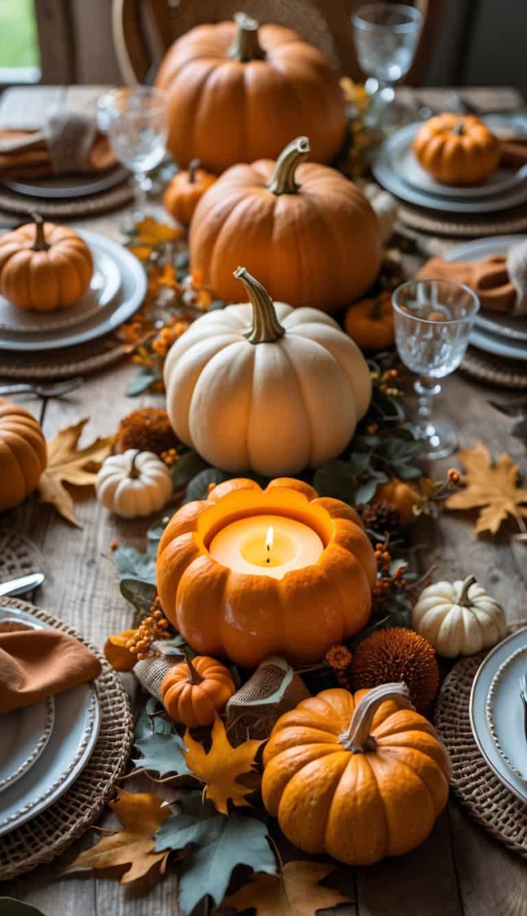 A table decorated with a pumpkin-shaped candle holder surrounded by pumpkins, fall leaves, and autumn-themed decorations.