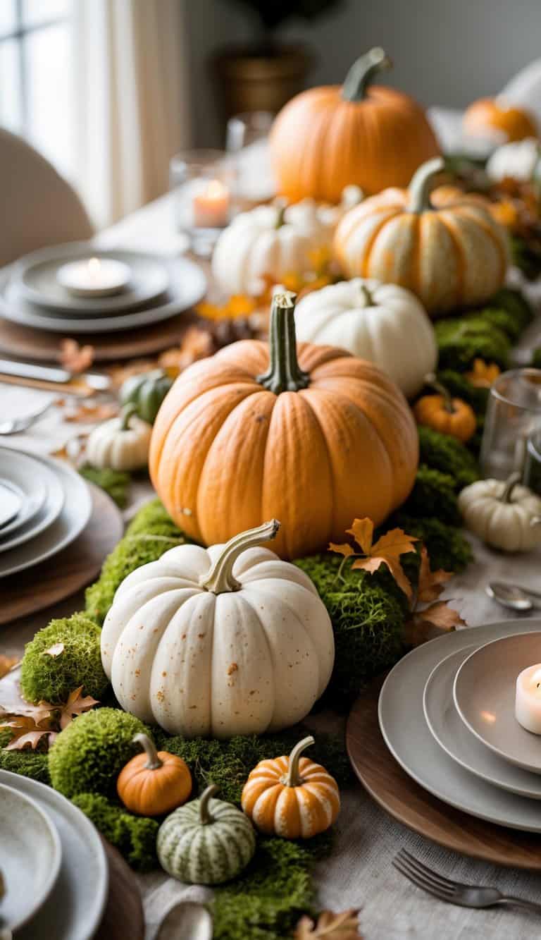 A table decorated with pumpkins and natural moss as a centerpiece, surrounded by plates, glassware, and autumnal accents.