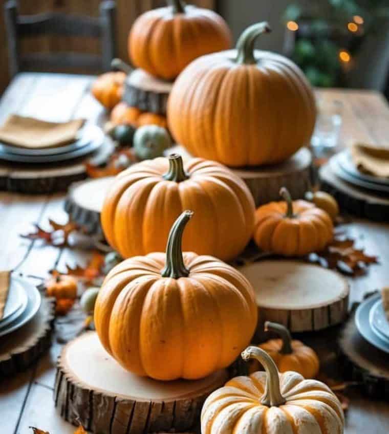 A wooden table set for a meal is decorated with various sizes of orange and white pumpkins, wood slices, plates, and autumn leaves.