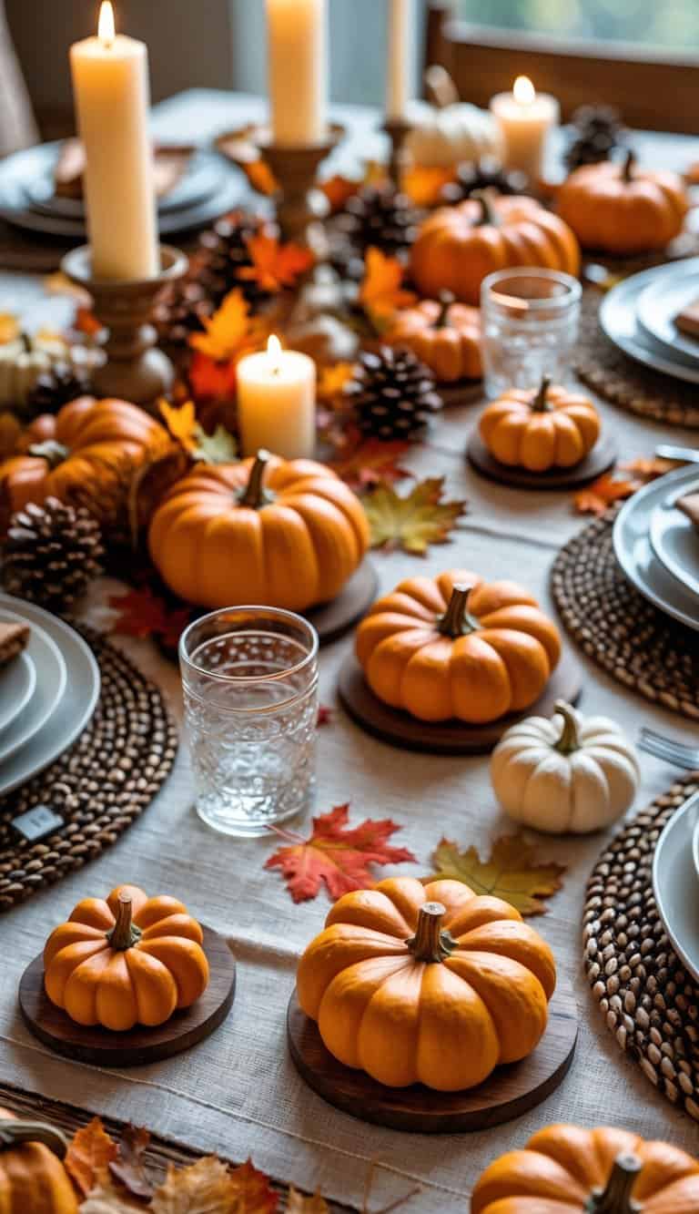 A cozy autumn table setting with pumpkin-shaped coasters under drinks, small pumpkins, candles, and fall leaves arranged on a wooden table.