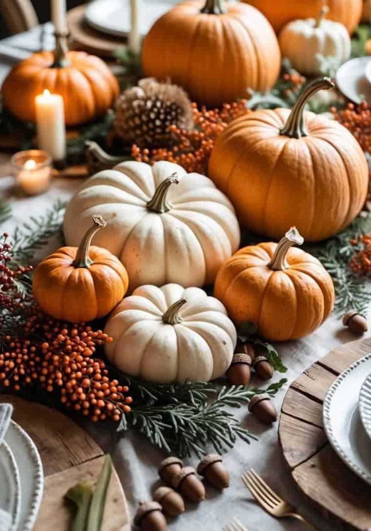 A festive table centerpiece with orange and white pumpkins, greenery, berries, pinecones, and lit candles on a white tablecloth.
