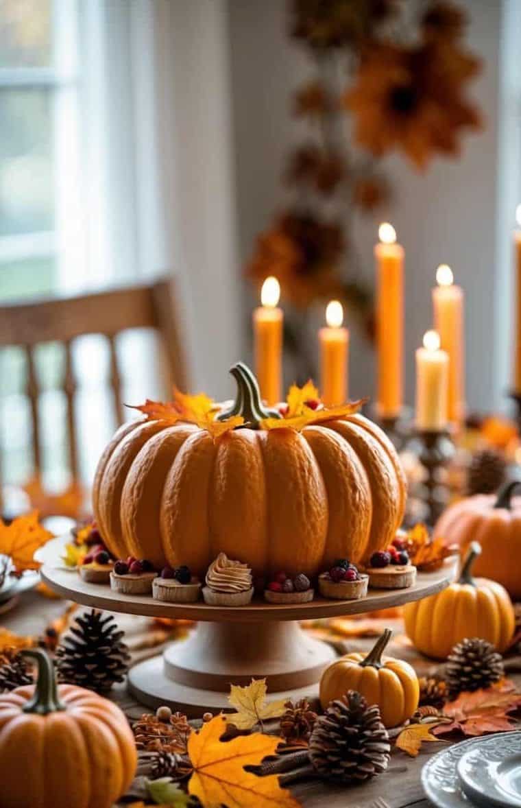 A pumpkin-shaped cake on a stand is surrounded by autumn leaves, pinecones, mini pumpkins, and lit candles on a decorated fall-themed dining table.