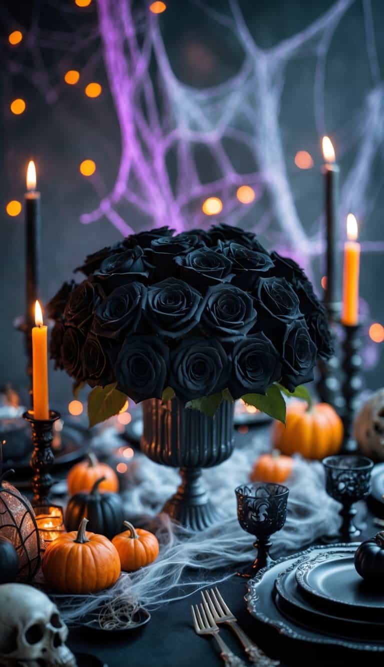 A Halloween table with a centerpiece of black roses surrounded by pumpkins, candles, and spooky decorations.