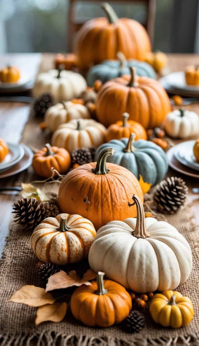 A table decorated with various pumpkins arranged on a burlap runner, surrounded by autumn leaves and pinecones.